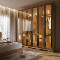 Guarda-Roupa Casal com 6 Portas Vidro Reflecta e LED 4 Gavetas Lucent 231 cm Carvalho Guarda-Roupa Casal com 6 Portas Vidro Reflecta e LED 4 Gavetas Lucent 231 cm Carvalho
