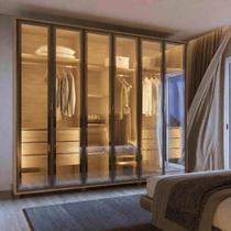 Guarda-Roupa Casal com 6 Portas Vidro Reflecta e LED 6 Gavetas Speculum 274 cm Carvalho