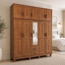 Guarda Roupa Casal Com Espelho 10 Portas Aplique 2 Gavetas Madeira Maciça Lorie F06 Castanho - Lyam Decor Guarda Roupa Casal Com Espelho 10 Portas Aplique 2 Gavetas Madeira Maciça Lorie F06 Castanho - Lyam Decor