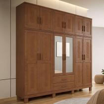 Guarda Roupa Casal Com Espelho 12 Portas Aplique 2 Gavetas Madeira Maciça Lorie F06 Castanho - Lyam Decor
