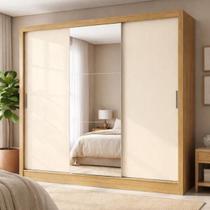 Guarda-Roupa Casal com Espelho 3 Portas de Correr e 4 Gavetas Cinamomo/Off White Plata - Demóbile
