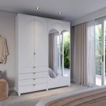 Guarda-Roupa Casal com Espelho 4 Portas 4 Gavetas 100% MDF Look 181 cm - Branco Fosco c/ Champanhe Guarda-Roupa Casal com Espelho 4 Portas 4 Gavetas 100% MDF Look 181 cm - Branco Fosco c/ Champanhe