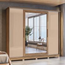 Guarda Roupa Casal com Espelho 4 Portas de Correr 4 Gavetas 265x234cm Cor Flex Nogueira/Macadâmia
