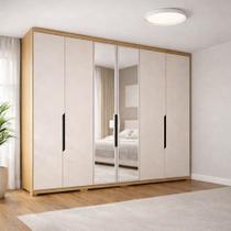 Guarda Roupa Casal com Espelho 6 Portas 100% MDF Off White e Carvalho Barcelona