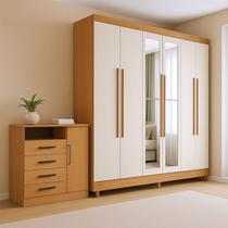 Guarda-roupa Casal com Espelho 6 Portas e Cômoda 4 Gavetas com Porta e Nicho Apolo