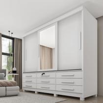 Guarda Roupa Casal com Espelho e Pés 3 Portas 9 Gavetas 199cm Chicago Branco/Neve