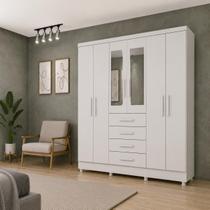 Guarda Roupa Casal com Espelho e Pés 6 Portas 4 Gavetas 180cm Arizona Branco/Neve