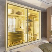 Guarda Roupa Casal com LED e Vidro Reflecta 2 Portas de Correr com Pés MDF Platinum Gelius