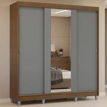 Guarda-Roupa Casal com Pés 3 Portas de Correr com Espelho Rustic/Cinza Reno Madesa Guarda-Roupa Casal com Pés 3 Portas de Correr com Espelho Rustic/Cinza Reno Madesa