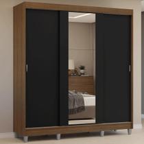 Guarda-Roupa Casal com Pés 3 Portas de Correr com Espelho Rustic/Preto Reno Madesa Guarda-Roupa Casal com Pés 3 Portas de Correr com Espelho Rustic/Preto Reno Madesa