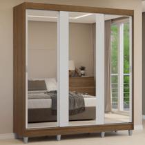 Guarda-Roupa Casal com Pés 3 Portas de Correr de Espelho Rustic/Branco Reno Madesa Guarda-Roupa Casal com Pés 3 Portas de Correr de Espelho Rustic/Branco Reno Madesa