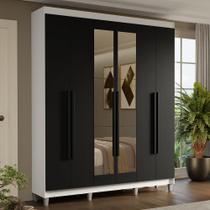 Guarda-Roupa Casal com Pés 6 Portas Batentes com Espelho Branco/Preto/Preto Saturno Madesa Guarda-Roupa Casal com Pés 6 Portas Batentes com Espelho Branco/Preto/Preto Saturno Madesa