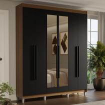 Guarda-Roupa Casal com Pés 6 Portas Batentes com Espelho Rustic/Preto/Preto Saturno Madesa Guarda-Roupa Casal com Pés 6 Portas Batentes com Espelho Rustic/Preto/Preto Saturno Madesa