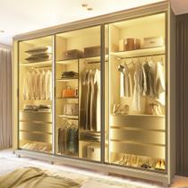 Guarda Roupa Casal com Vidro Reflecta LED 3 Portas de Correr com Pés MDF Platinum Gelius Guarda Roupa Casal com Vidro Reflecta LED 3 Portas de Correr com Pés MDF Platinum Gelius