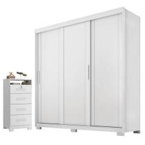 Guarda Roupa Casal Confort 3 portas e Cômoda Primordial Max 4 gavetas Branco Absoluto Semi Fosco-Zanzini
