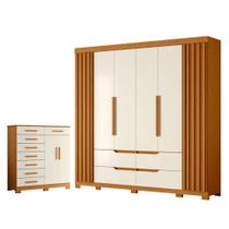 Guarda Roupa Casal Doble 6 Portas e Cômoda Verona 8 Gavetas MDP Cinamomo Off White