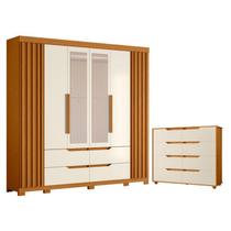 Guarda Roupa Casal Doble com Espelho 06 portas e Cômoda Doble 08 gavetas Cinamomo Off White Flex - Móveis Albatroz