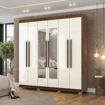 Guarda Roupa Casal Doral 6 Portas de Bater 2 com Espelhos 2 Gavetas Nogueira/OffWhite G98 - Gran Belo