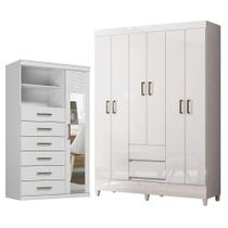 Guarda Roupa Casal Fit 6 Portas com Pés e Cômoda Marabá com Espelho Branco Brilho - Santos Andirá Guarda Roupa Casal Fit 6 Portas com Pés e Cômoda Marabá com Espelho Branco Brilho - Santos Andirá