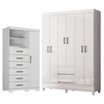 Guarda Roupa Casal Fit 6 Portas com Pés e Cômoda Marabá com Pés Branco Brilho - Santos Andirá Guarda Roupa Casal Fit 6 Portas com Pés e Cômoda Marabá com Pés Branco Brilho - Santos Andirá