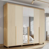 Guarda-Roupa Casal França 6 Portas com Espelho e Detalhe Ripado com 3 Gavetas Internas Bege/Cinamomo Off White