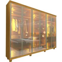Guarda Roupa Casal Gelius Imperatriz 6 portas em vidro reflecta luz de LED 100% MDF com pés Naturale