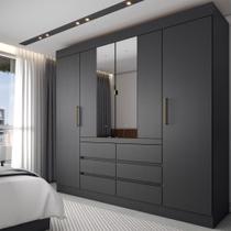 Guarda-Roupa Casal Honey 4 Portas 6 Gavetas com Espelho Preto/Amêndola - Panorama Móveis