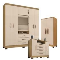 Guarda Roupa Casal Imperial com Armário Multiuso Egito e Cômoda Madri Carvalho Americano Off White - Incorplac