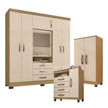 Guarda Roupa Casal Imperial com Armário Multiuso Recife e Cômoda Sapateira Cannes Carvalho Americano Off White - Incorplac