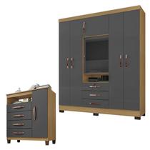 Guarda Roupa Casal Imperial com Cômoda Sapateira Cannes Carvalho Americano Grafite Incorplac