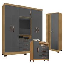 Guarda Roupa Casal Imperial e Cômoda Sapateira Cannes com Armário Multiuso Versatile Carvalho Americano Grafite Incorplac
