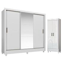 Guarda Roupa Casal Itália 3 Portas com Espelho e Pés e Armário Multiuso Fit com Pés Branco Brilho - Santos Andirá Guarda Roupa Casal Itália 3 Portas com Espelho e Pés e Armário Multiuso Fit com Pés Branco Brilho - Santos Andirá
