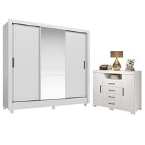 Guarda Roupa Casal Itália 3 Portas com Espelho e Pés e Cômoda Havana Master com Pés Branco Brilho - Santos Andirá
