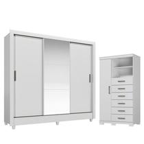 Guarda Roupa Casal Itália 3 Portas com Espelho e Pés e Cômoda Marabá com Pés Branco Brilho - Santos Andirá Guarda Roupa Casal Itália 3 Portas com Espelho e Pés e Cômoda Marabá com Pés Branco Brilho - Santos Andirá