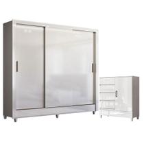 Guarda Roupa Casal Itália 3 Portas com Pés e Cômoda 1 Porta 4 Gavetas Fit Branco Brilho - Santos Andirá