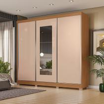 Guarda-Roupa Casal Kappesberg 3 Portas Reversíveis de Correr 3 Espelhos 4 Gavetas Canela/Macadâmia