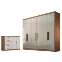 Guarda Roupa Casal Linea com Nicho e Cômoda Seul Cumaru 25 Fendi - Novo Horizonte