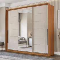 Guarda-Roupa Casal Lisboa 3 Portas 4 Gavetas com Espelho Freijó/Creme - Politorno