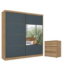 Guarda Roupa Casal Malaga Glass 2 Portas Capuccino Azul Acetinado e Cômoda Gaveteiro Condessa Capuccino - THB Guarda Roupa Casal Malaga Glass 2 Portas Capuccino Azul Acetinado e Cômoda Gaveteiro Condessa Capuccino - THB