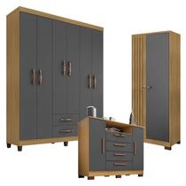 Guarda Roupa Casal Modena 6 Portas com Cômoda Madri e Armário Multiuso Versatile 2 Portas com Chave Carvalho Americano Grafite - Incorplac Guarda Roupa Casal Modena 6 Portas com Cômoda Madri e Armário Multiuso Versatile 2 Portas com Chave Carvalho Americano Grafite - Incorplac