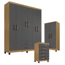 Guarda Roupa Casal Modena Com Cômoda Cannes 5 Gavetas E Armário Multiuso Recife Carvalho Americano Grafite Incorplac