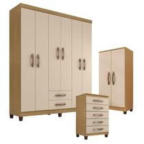 Guarda Roupa Casal Modena com Cômoda Cannes 5 Gavetas e Armário Multiuso Recife Carvalho Off White Incorplac