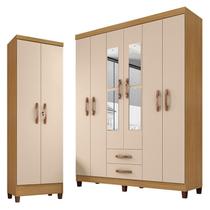 Guarda Roupa Casal Modena com Espelho 6 Portas e Armário Multiuso Egito Carvalho Americano Off White Incorplac