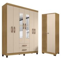 Guarda Roupa Casal Modena Com Espelho 6 Portas E Armário Multiuso Versatile Carvalho Americano Off White - Incorplac