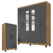 Guarda Roupa Casal Modena com Espelho 6 Portas e Multiuso Recife Carvalho Americano Grafite Incorplac