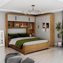 Guarda Roupa Casal Modulado 4 Portas com Cama Hercules 4 Portas 4 Gavetas Espelho Cinamomo com Off White