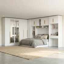 Guarda Roupa Casal Modulado 5 Peças 12 Portas com Espelho, Cabeceira e Escrivaninha 100% MDF Smart Branco Guarda Roupa Casal Modulado 5 Peças 12 Portas com Espelho, Cabeceira e Escrivaninha 100% MDF Smart Branco