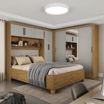 Guarda-Roupa Casal Modulado 5 Portas com Cama Santiago 3 Portas Plus 5 Gavetas com Espelho Bege/Cinamomo/Off White Guarda-Roupa Casal Modulado 5 Portas com Cama Santiago 3 Portas Plus 5 Gavetas com Espelho Bege/Cinamomo/Off White