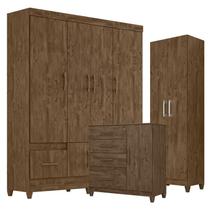 Guarda Roupa Casal MS912 com Cômoda Vênus com pés e Armário Multiuso New Íris Castanho Wood Moval