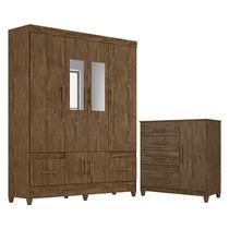 Guarda Roupa Casal MS912 com espelho e Cômoda Vênus com pés Castanho Wood Moval Guarda Roupa Casal MS912 com espelho e Cômoda Vênus com pés Castanho Wood Moval